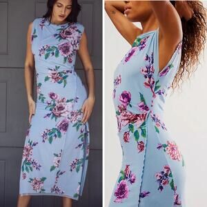 FREE PEOPLE DRESS L FAIRY CARMEL MIDI BLUE PINK FLORAL SLEEVELESS MESH BOHO CHIC